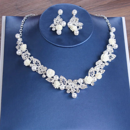 Luxury Bride Crystal Pearl Flower Jewelry Set - Top-Rated Rhinestone Choker, Earrings & Tiara for Stunning Weddings 2Pcs Jewelry Set