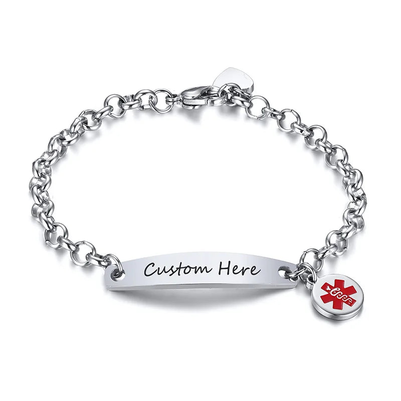 Elegant Customizable Enamel Medical ID Bangle Bracelet for Women with Stainless Steel Rolo Chain