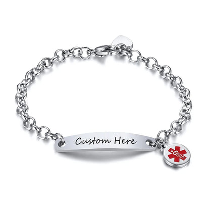Elegant Customizable Enamel Medical ID Bangle Bracelet for Women with Stainless Steel Rolo Chain