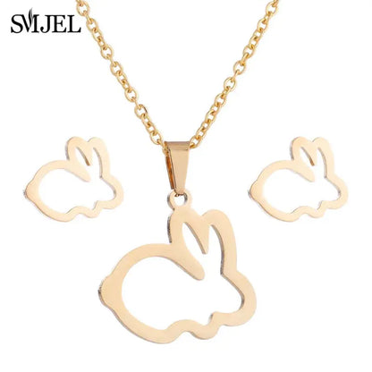 Elegant Stainless Steel Animal Necklace for Women - Rabbit Charm and Paw Print Design
