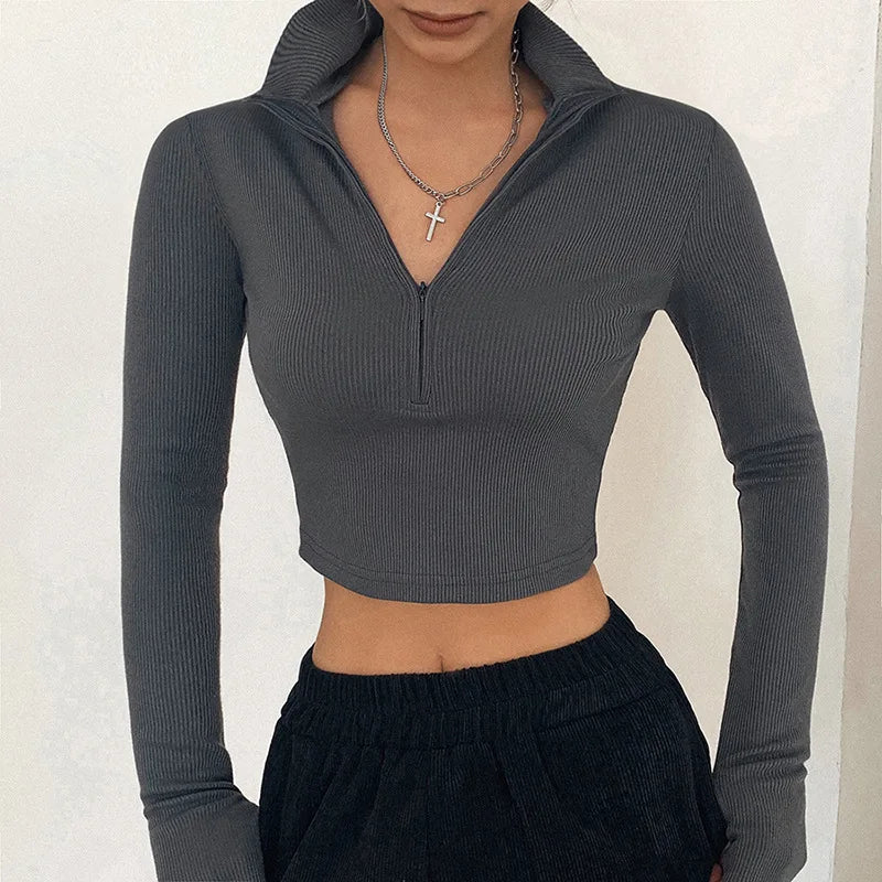DozwCN Womens Solid Color Turtleneck Crop Top Slim Fit Chic