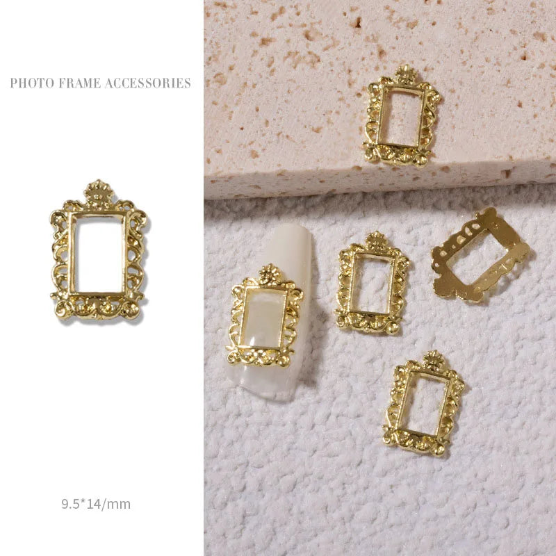 Vintage Gold 3D Charm Photo Frame Nail Art Kit with Alloy Studs - 5 Piece Set
