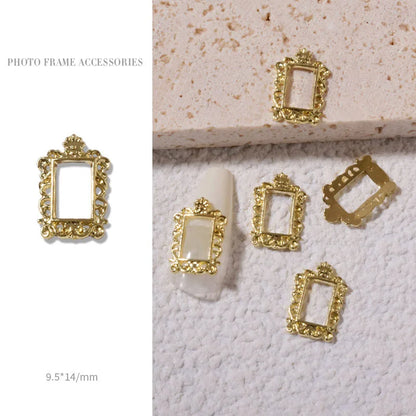 Vintage Gold 3D Charm Photo Frame Nail Art Kit with Alloy Studs - 5 Piece Set