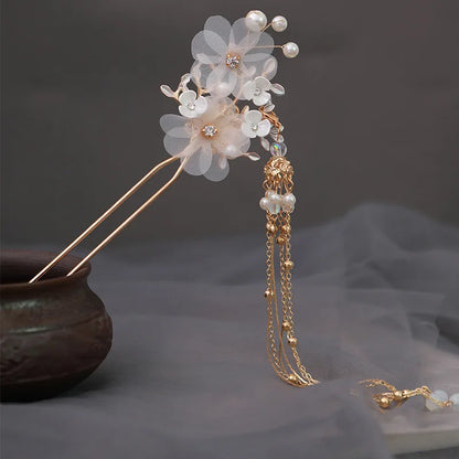 Elegant Gold Red Floral Pearl Long Tassel Hairpins Bridal Chinese Wedding Headpiece