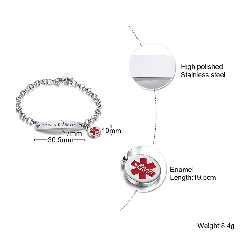 Elegant Customizable Enamel Medical ID Bangle Bracelet for Women with Stainless Steel Rolo Chain