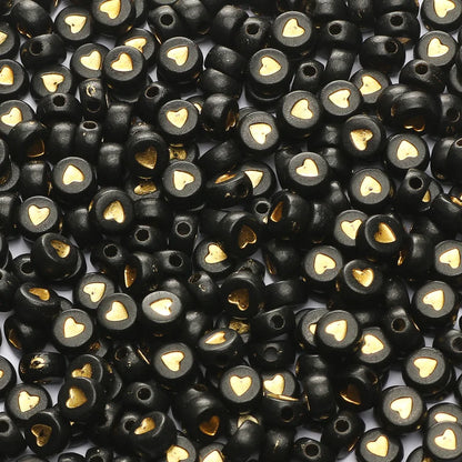 Chic Black Acrylic Beads with Gold Heart Design for Jewelry Crafting