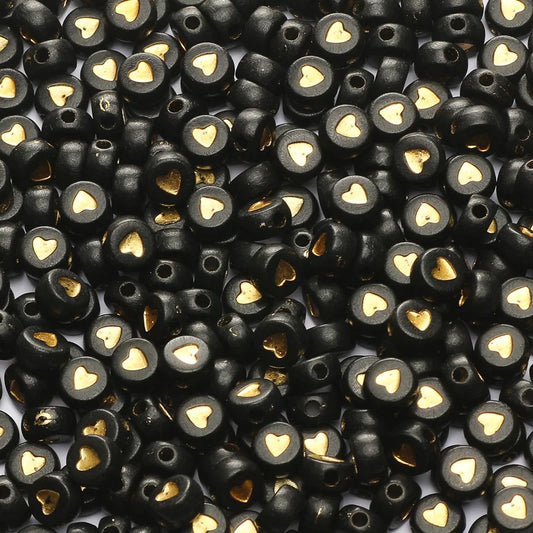 Chic Black Acrylic Beads with Gold Heart Design for Jewelry Crafting