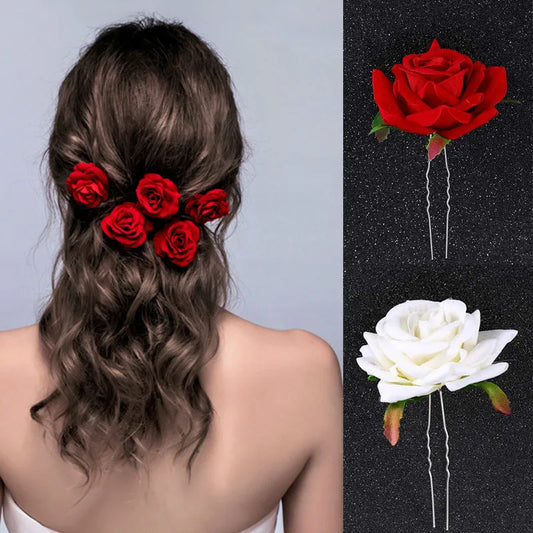 Elegant Rose Flower U-Shaped Hairpins for Wedding Brides and Women