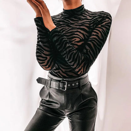 Black Mesh See Through Bodysuit Long Sleeve Mock Neck Slim