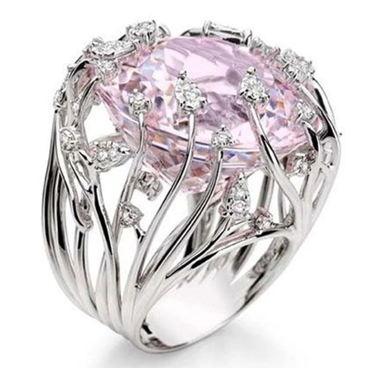 New 925 Sterling Silver Exaggerated Pink Crystal Zircon Ring for Women Elegant Wedding Jewelry Gift