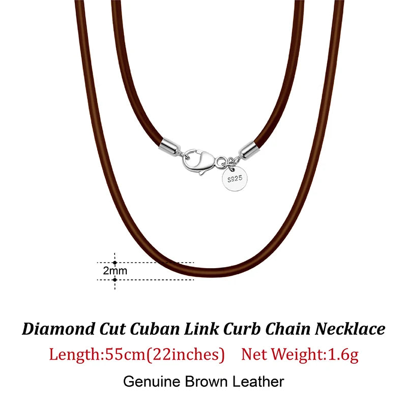 Rinntin 2mm Brown Leather Cord Necklace with 925 Sterling Silver Clasp Trendy Jewelry for Men and Women