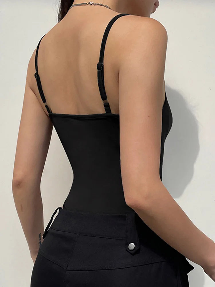 Sweetown Sleeveless Bodysuit Women Black Spaghetti Shirred