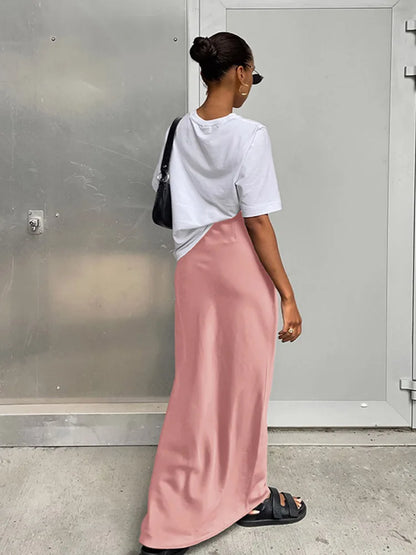 Satin Black Trumpet Skirt Women High Waist Long Office Wear