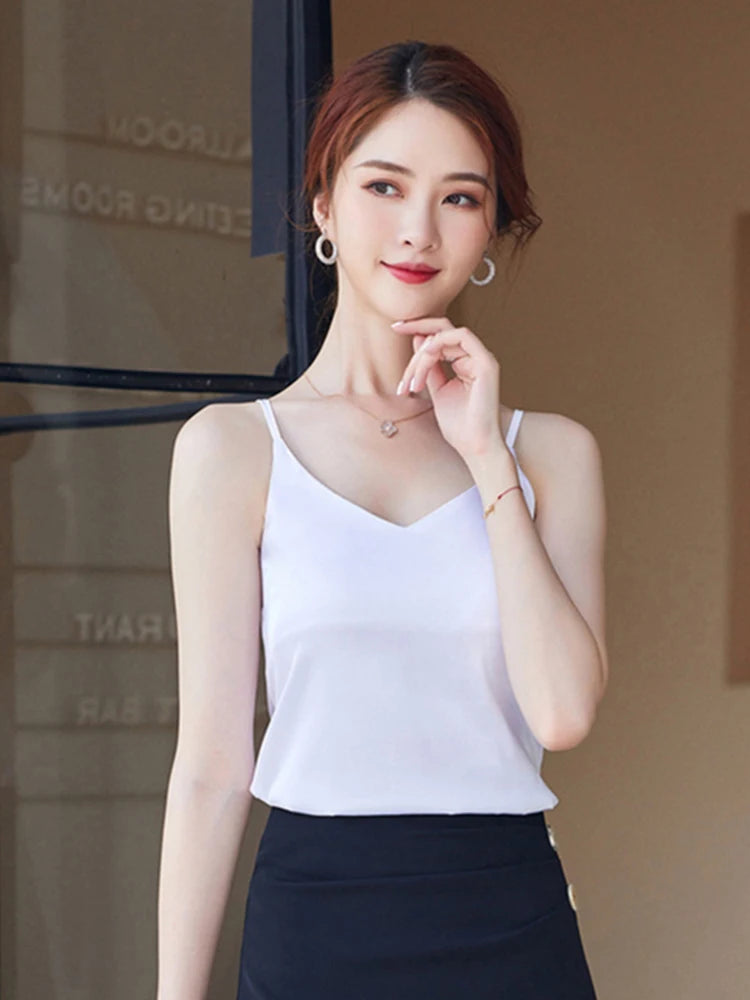Women Satin V Neck Chiffon Camisole Tank Top Casual