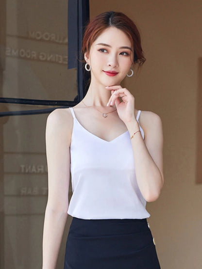Women Satin V Neck Chiffon Camisole Tank Top Casual