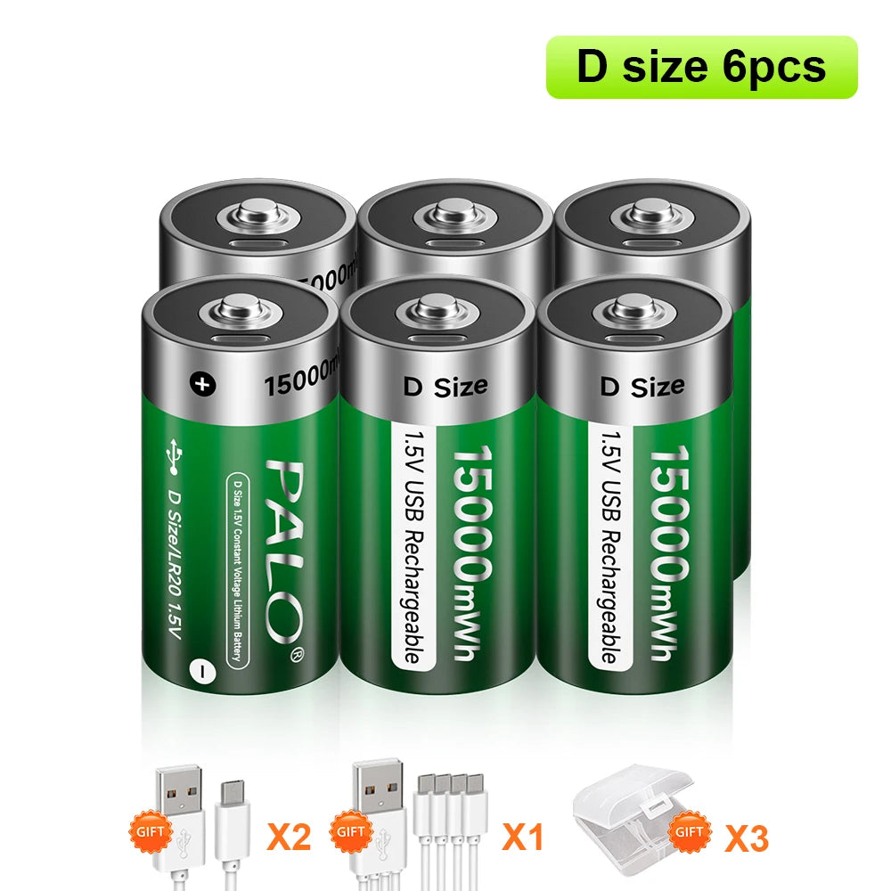 1.5V USB LR20 Battery Rechargeable R20 15000mWh D Size Type Batteries with Type-C Cable 6 PCS Battery
