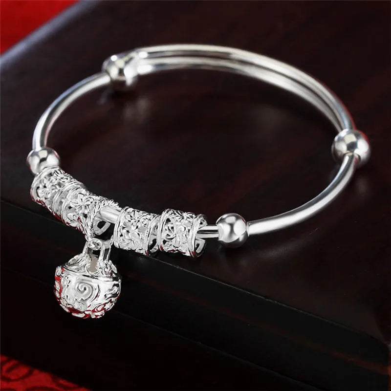 Fine 925 Sterling Silver Hollow Bells Ball Bangles Adjustable Bracelets for Women Stylish Holiday Gifts and Wedding Jewelry