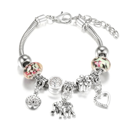 Elegant Heart Lock Charm Beaded Bangle Adjustable Snake Chain Bracelet for Women