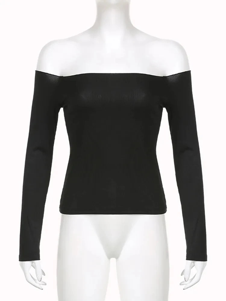 Korean Black Slash Neck Slim Cropped Long Sleeve Top