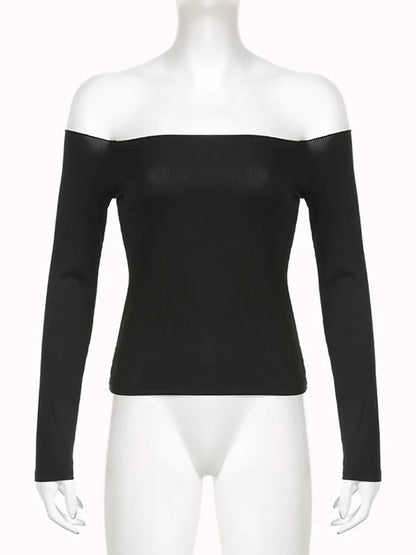 Korean Black Slash Neck Slim Cropped Long Sleeve Top
