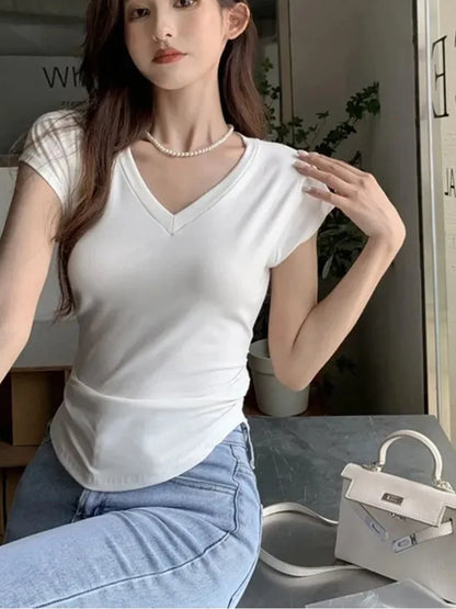 Dozw Women V Neck Tee Slim Fit Summer Korean Fashion