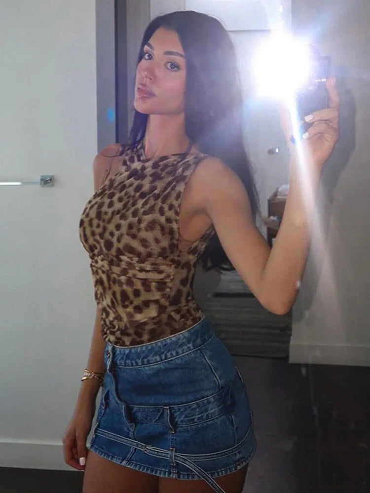 Leopard Tulle Bodysuit Women Hollow Out Irregular Straps