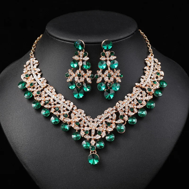 Rhinestone Luxury Flower Choker Necklace & Earrings Set - Top-Rated Bridal Jewelry Gold Green