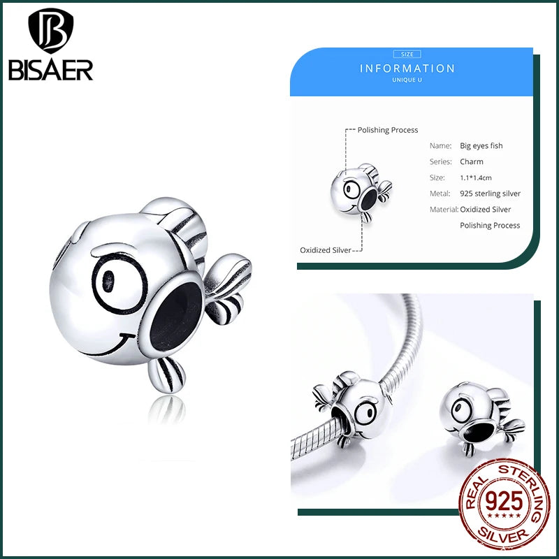BISAER Ocean Charm 925 Sterling Silver Dolphin and Mermaid Bead with Blue CZ for DIY Jewelry ECC1477 CHINA