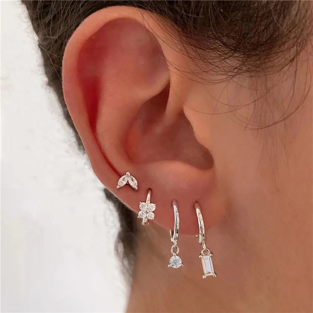4PCS Luxury Flower Square Earrings Set for Women and Girls in Stainless Steel with Zircon Cartilage Piercing Hoop Design