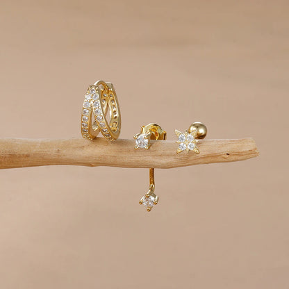 3PCS 18K Gold Plated Stainless Steel Zircon Flower Hoop Earrings Set for Women Trendy Wedding Jewelry