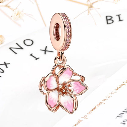 Rose Gold Winged Angel Heart Charm Bead Pink Daisy Spacer