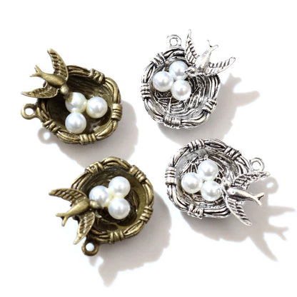 Antique Silver Plated Bird Nest Charms for DIY Jewelry Crafting