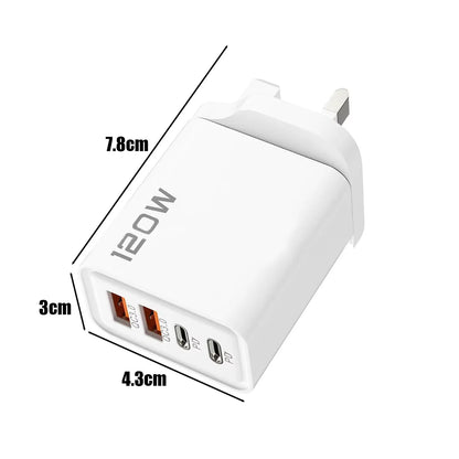 120W 4 Port USB C Fast Charger With Data Cable 2 USB C 2 USB A Ports For Samsung iPhone Xiaomi Huawei