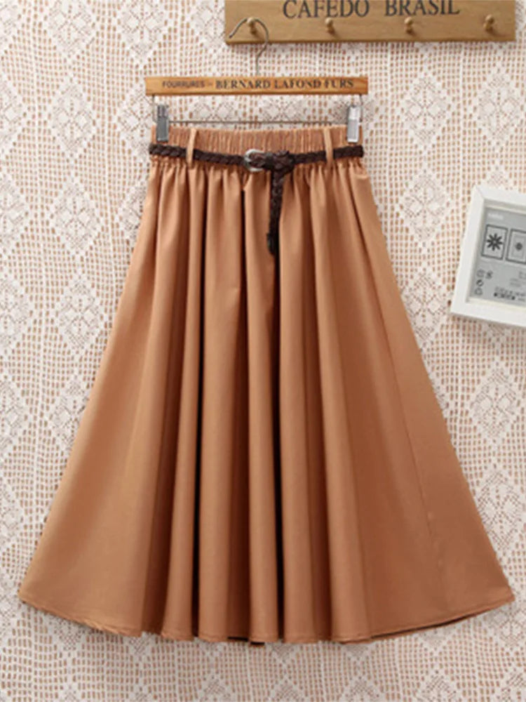 Midi Knee Length Skirt Women With Belt High Waist Pleated