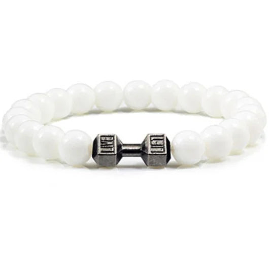 Vintage Men's Natural Stone Bead Bracelet With Dumbbell Pendant beige black