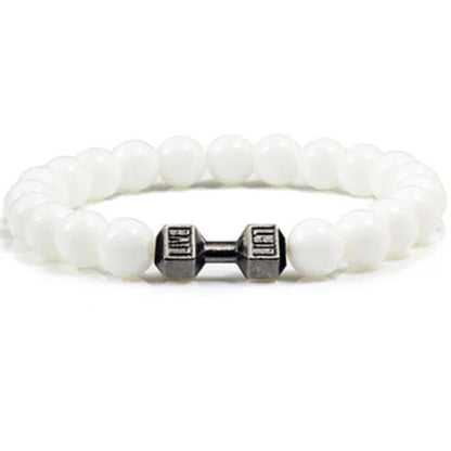 Vintage Men's Natural Stone Bead Bracelet With Dumbbell Pendant beige black