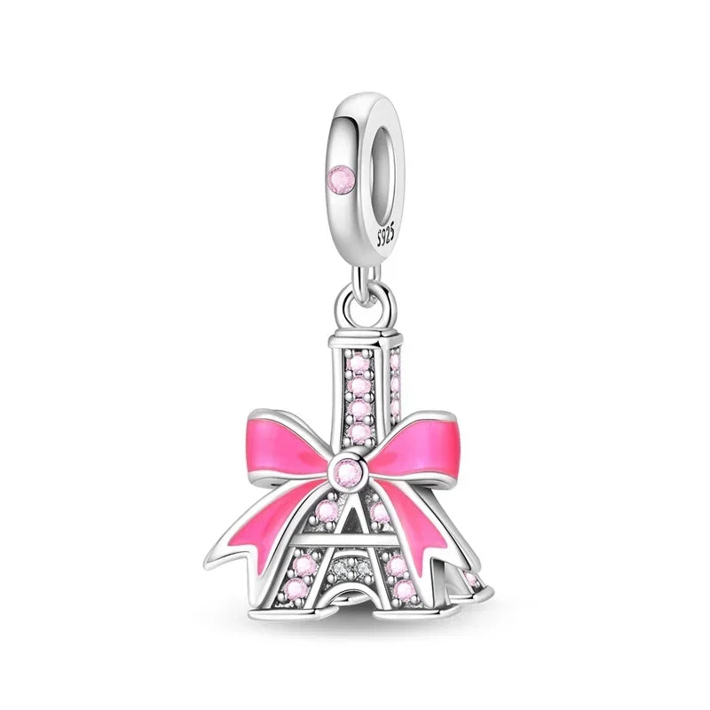 Sterling Silver Pink Blossom Dangle Charm with Butterfly Heart Flower Rose and Bird Bead for DIY Necklace and Bracelet Jewelry
