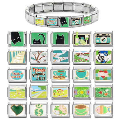 Y2K Green Series Italian Charm Bracelet Links with Camera Woods Flowers Designs in Stainless Steel