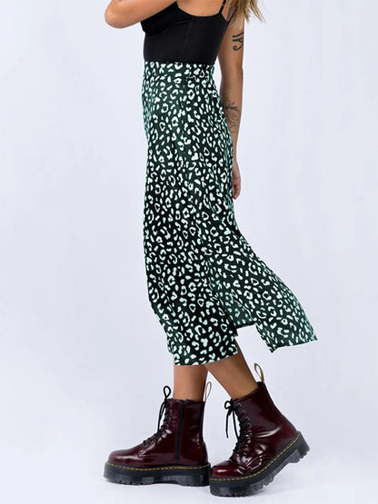 Leopard Print Chiffon Split Maxi Skirt Women Zip Elegant