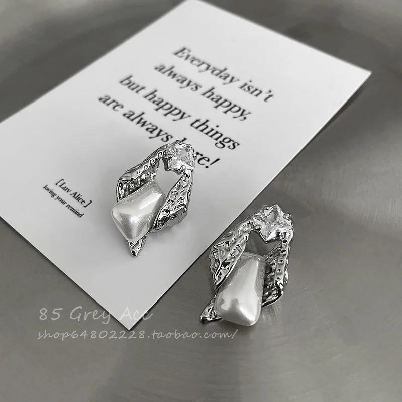 Irregular Zircon Pearl Earrings for Women with Special-Shaped Korean Design