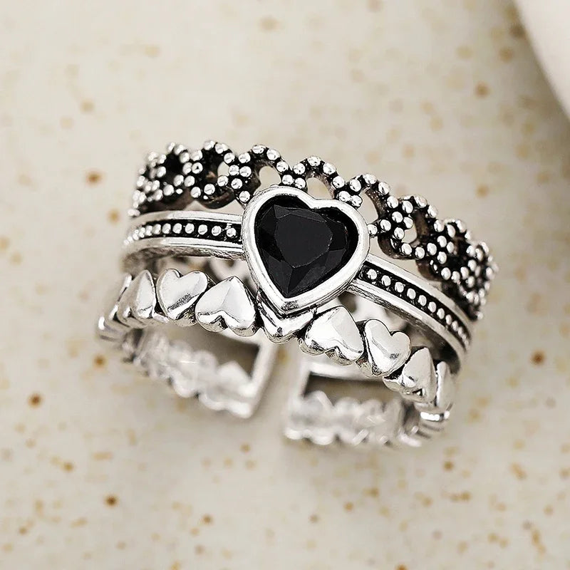 Huitan Vintage Black Heart Rings for Women - Chic Hip Hop Party Jewelry Accessories