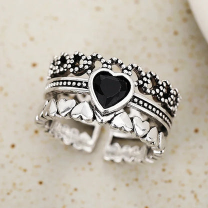 Huitan Vintage Black Heart Rings for Women - Chic Hip Hop Party Jewelry Accessories