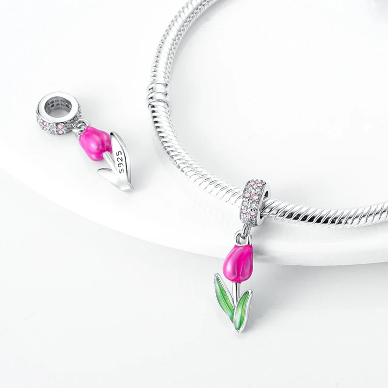 925 Silver Flower Charms Sunflower Tulip Pendants for Bracelet Jewelry Making