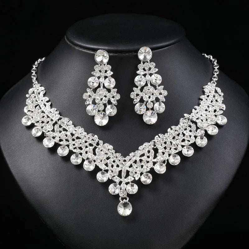 Rhinestone Luxury Flower Choker Necklace & Earrings Set - Top-Rated Bridal Jewelry Silver White