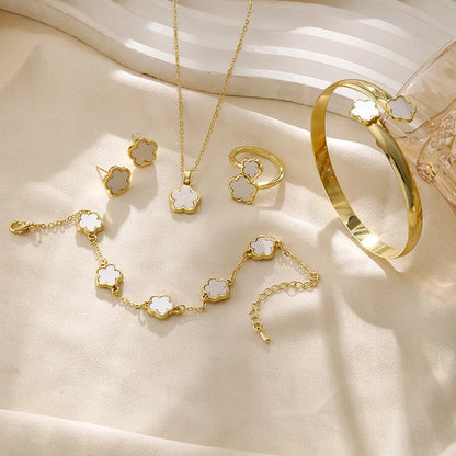 Elegant 5 Leaf Flower Jewelry Set for Women - Necklace, Earrings, Ring, Bracelet - Perfect Christmas and New Year Gift