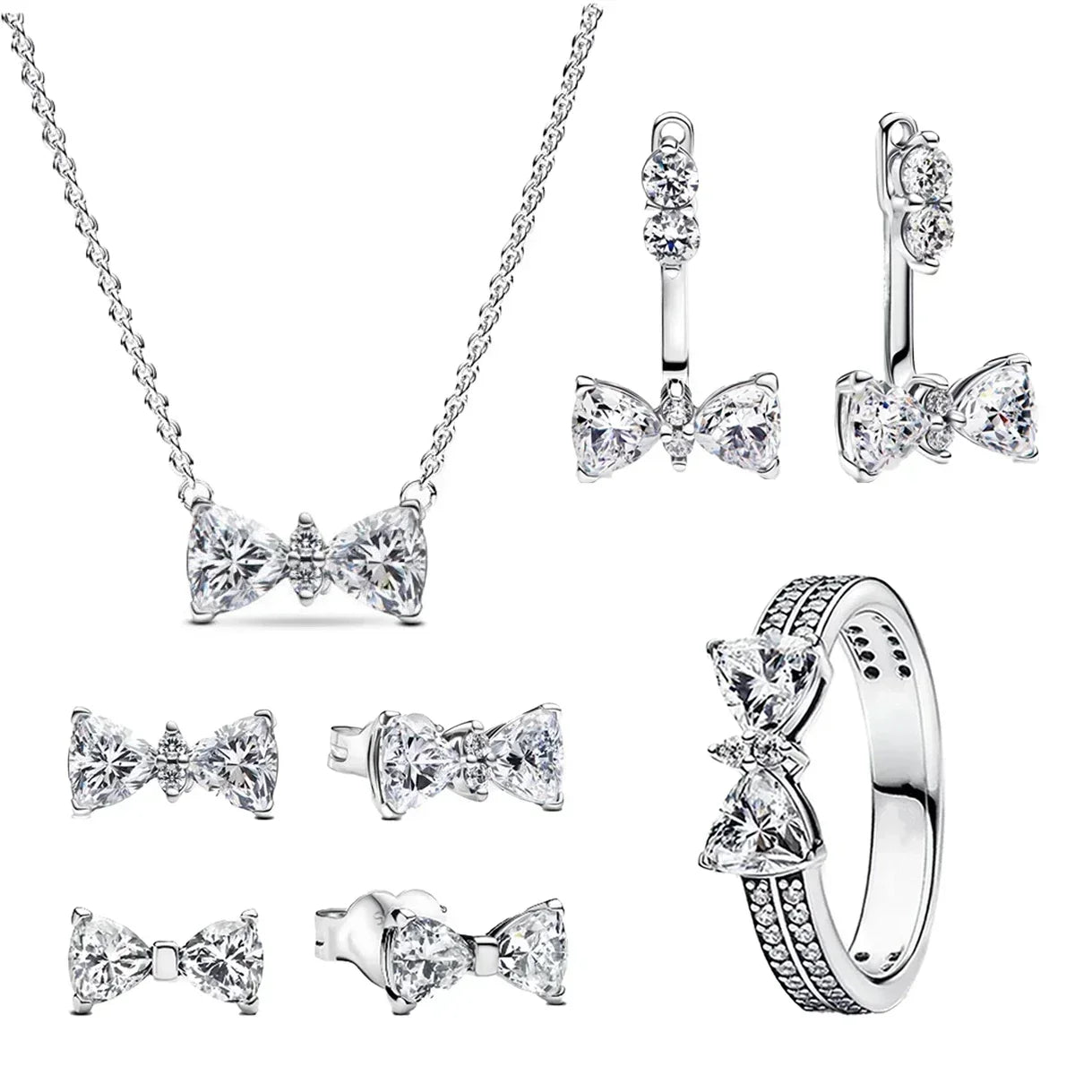 925 Sterling Silver Pink Bow Zircon Jewelry Set Necklace Earrings Bracelet DIY Gift for Women