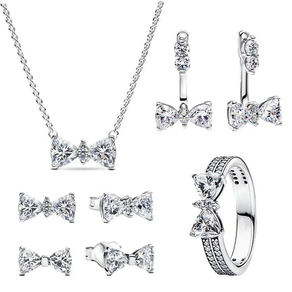 925 Sterling Silver Pink Bow Zircon Jewelry Set Necklace Earrings Bracelet DIY Gift for Women