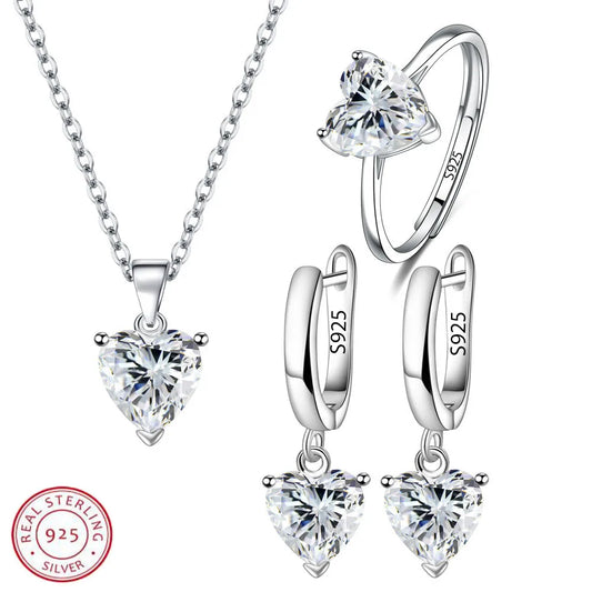 Elegant 925 Sterling Silver Heart Zircon Jewelry Set for Women - Ring, Earrings, Necklace for Bridal and Christmas Occasions