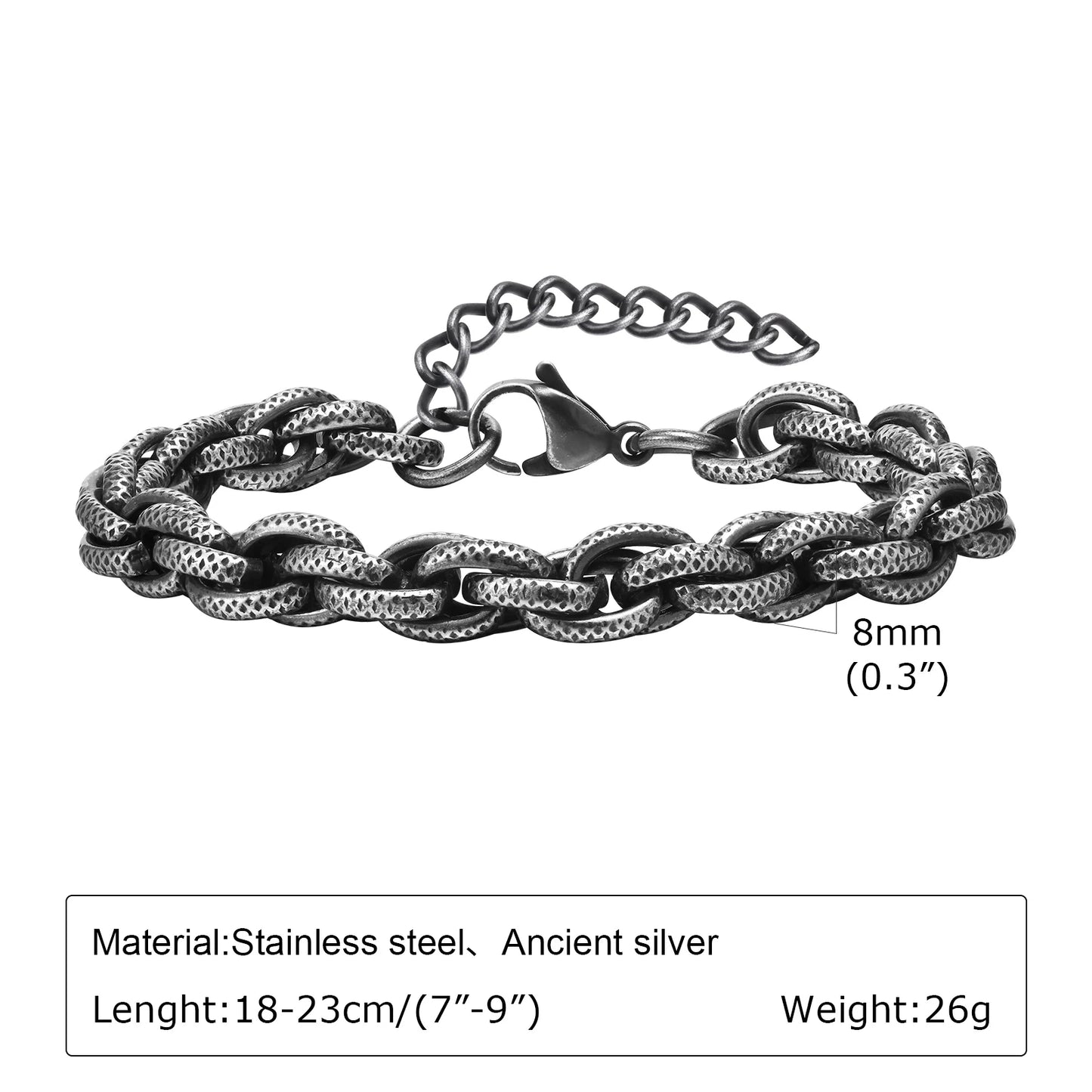 Mprainbow Vintage Punk Rock Chain Bracelet for Men Boys, 8mm Stainless Steel Link Wristband Gift