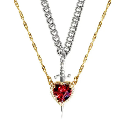 Assembled Heart and Sword Zircon Pendant Necklace Set for Couples Silver Gold Plated Choker Jewelry Gifts
